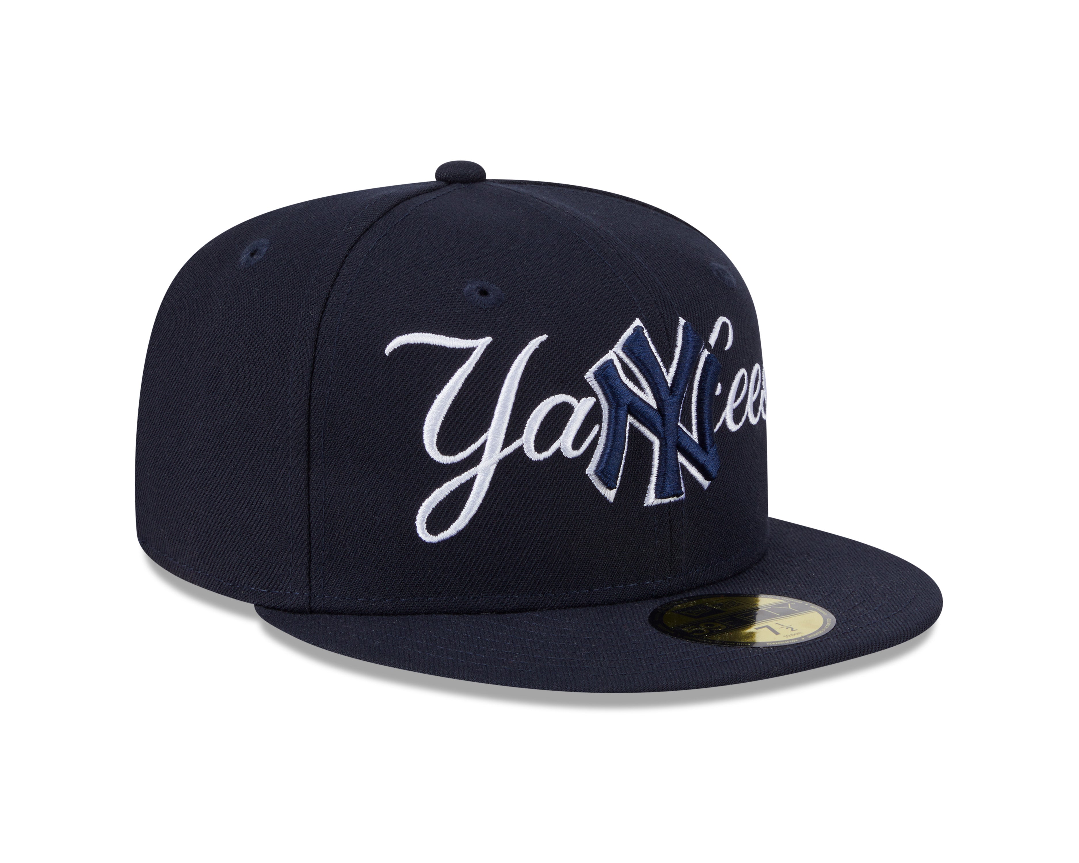 Casquette New Era 59Fifty Overlap Script ajustée pour homme, équipe des New York Yankees MLB, couleur bleu marine foncé.