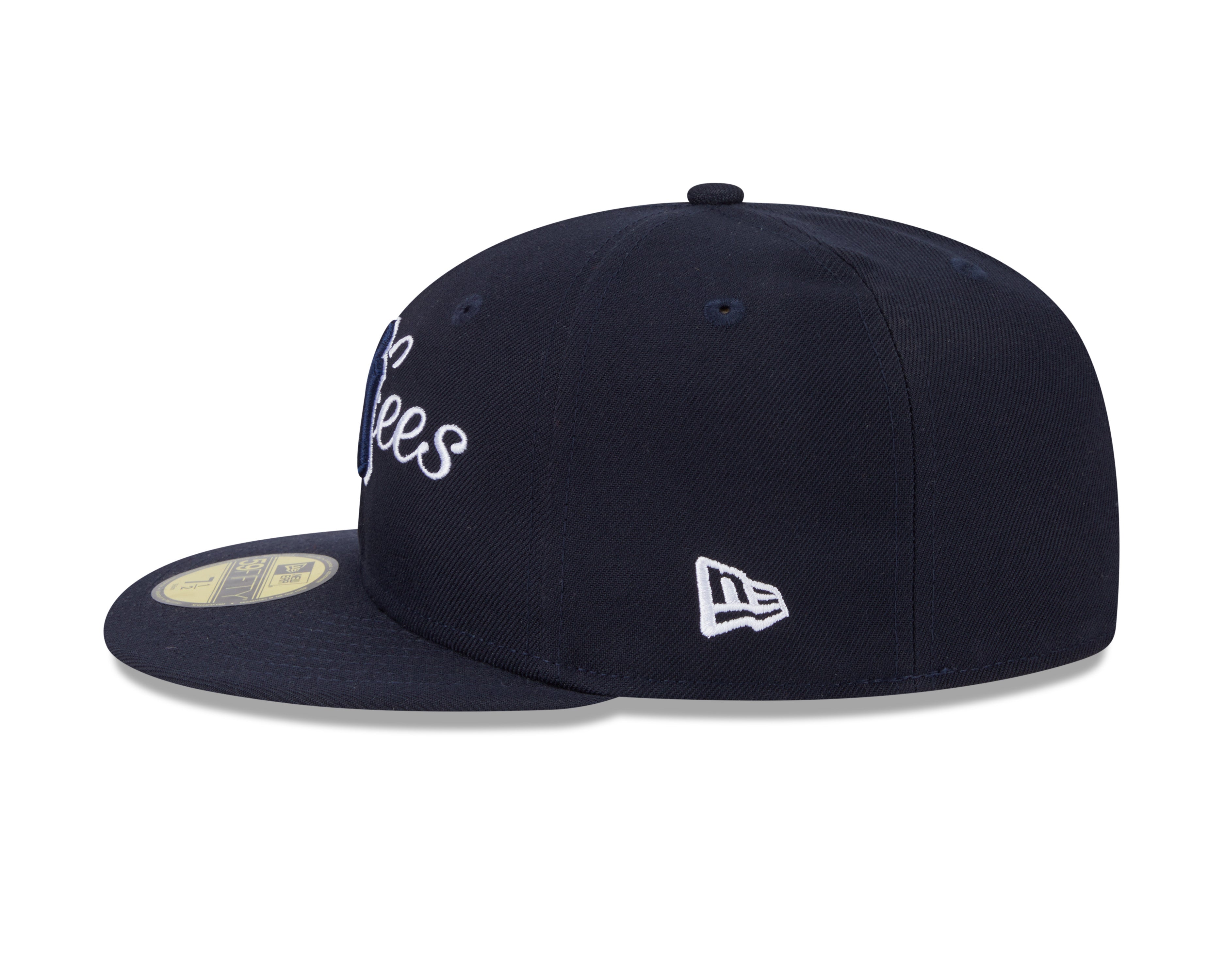 Casquette New Era 59Fifty Overlap Script ajustée pour homme, équipe des New York Yankees MLB, couleur bleu marine foncé.