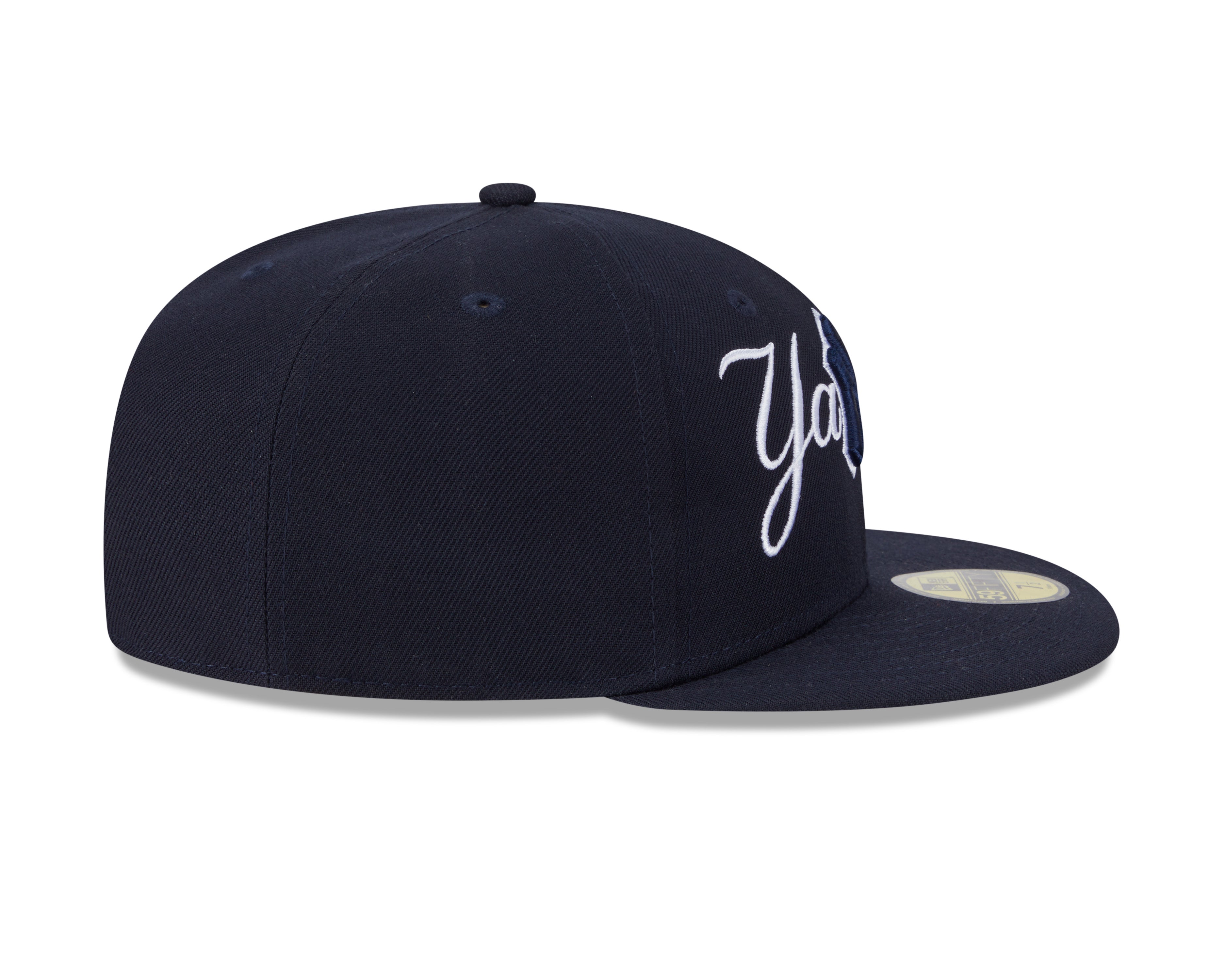 Casquette New Era 59Fifty Overlap Script ajustée pour homme, équipe des New York Yankees MLB, couleur bleu marine foncé.