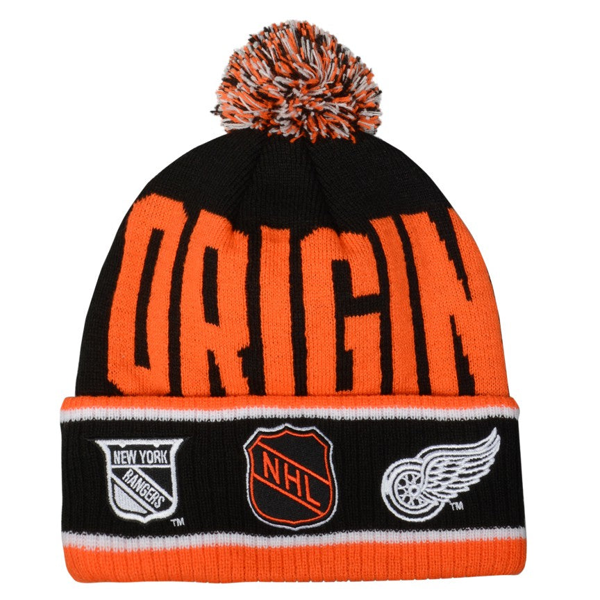 Original Six NHL Outerstuff Youth Vintage Black Large Rib Cuff Pom Knit Hat