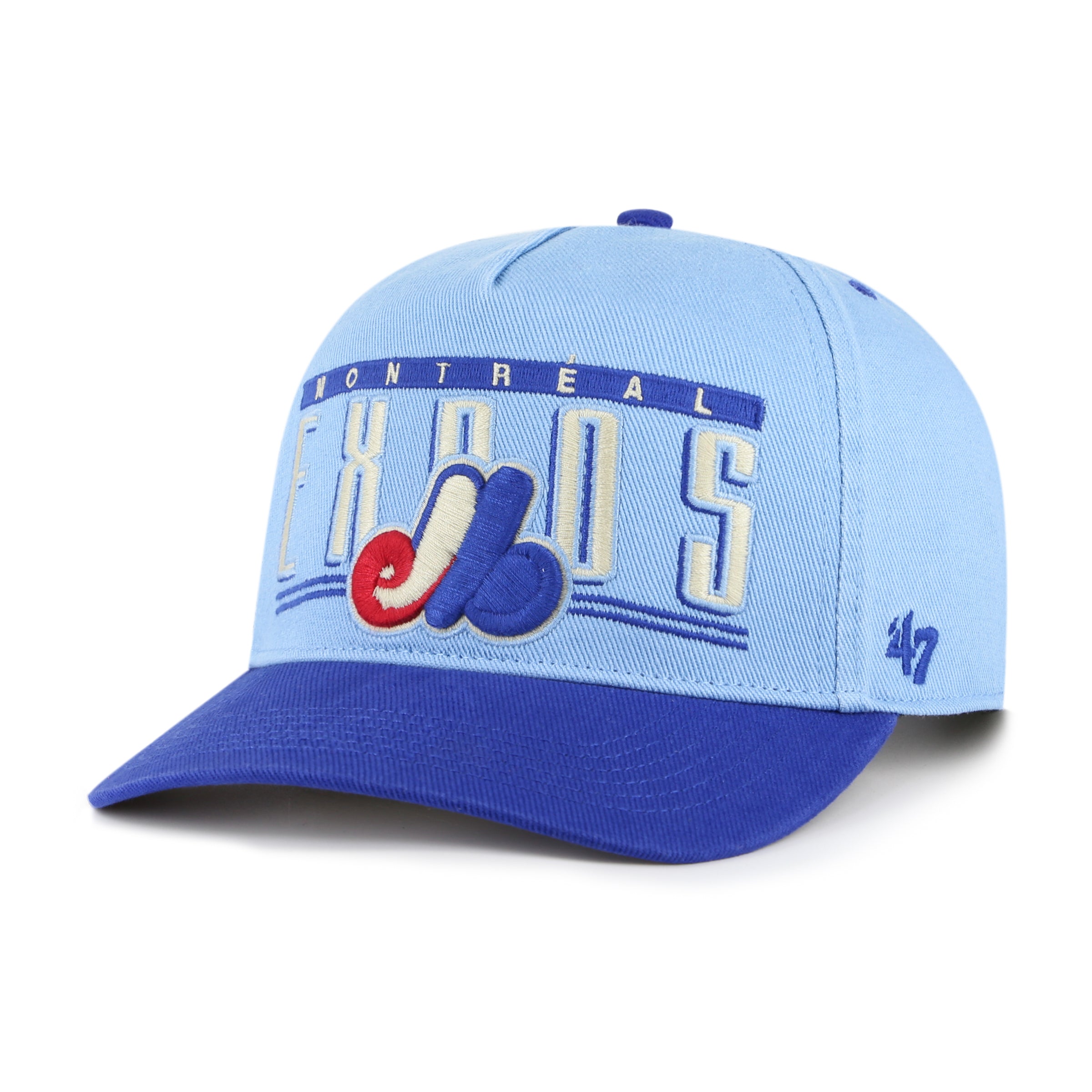 Casquette Snapback Double Header Baseline Hitch bleu clair pour homme des Expos de Montréal MLB 47 Brand