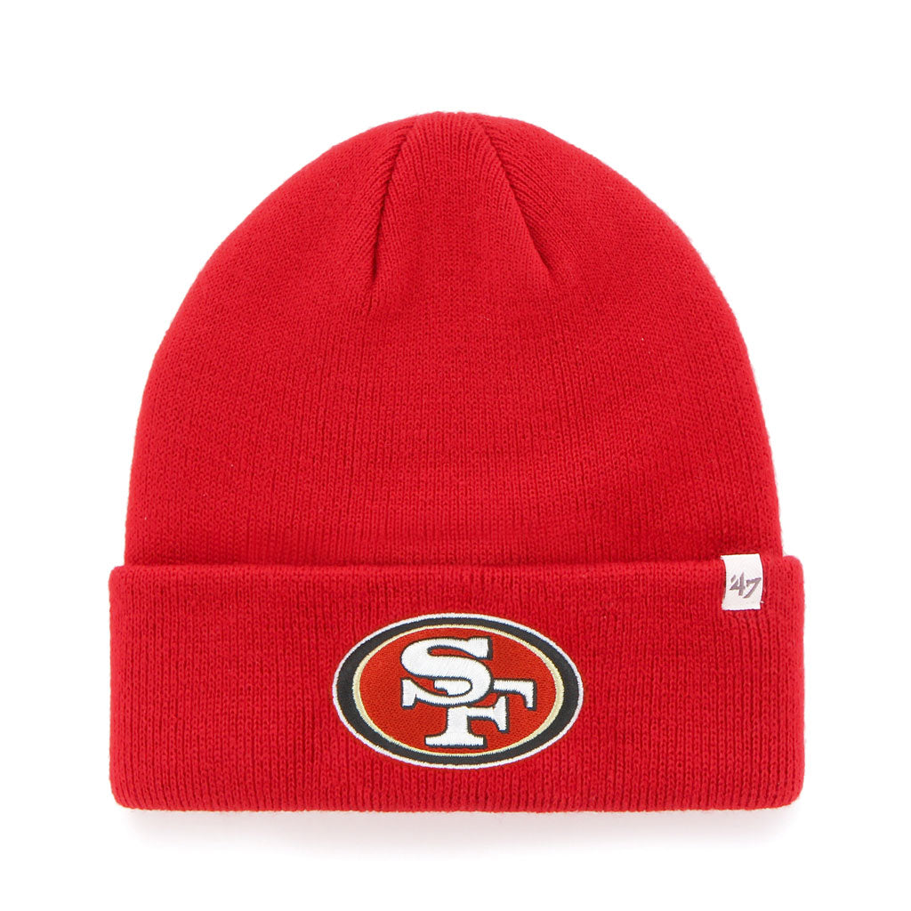 Bonnin en tricot rouge à revers surélevé pour homme de la marque 47 Brand, équipe des San Francisco 49ers de la NFL.