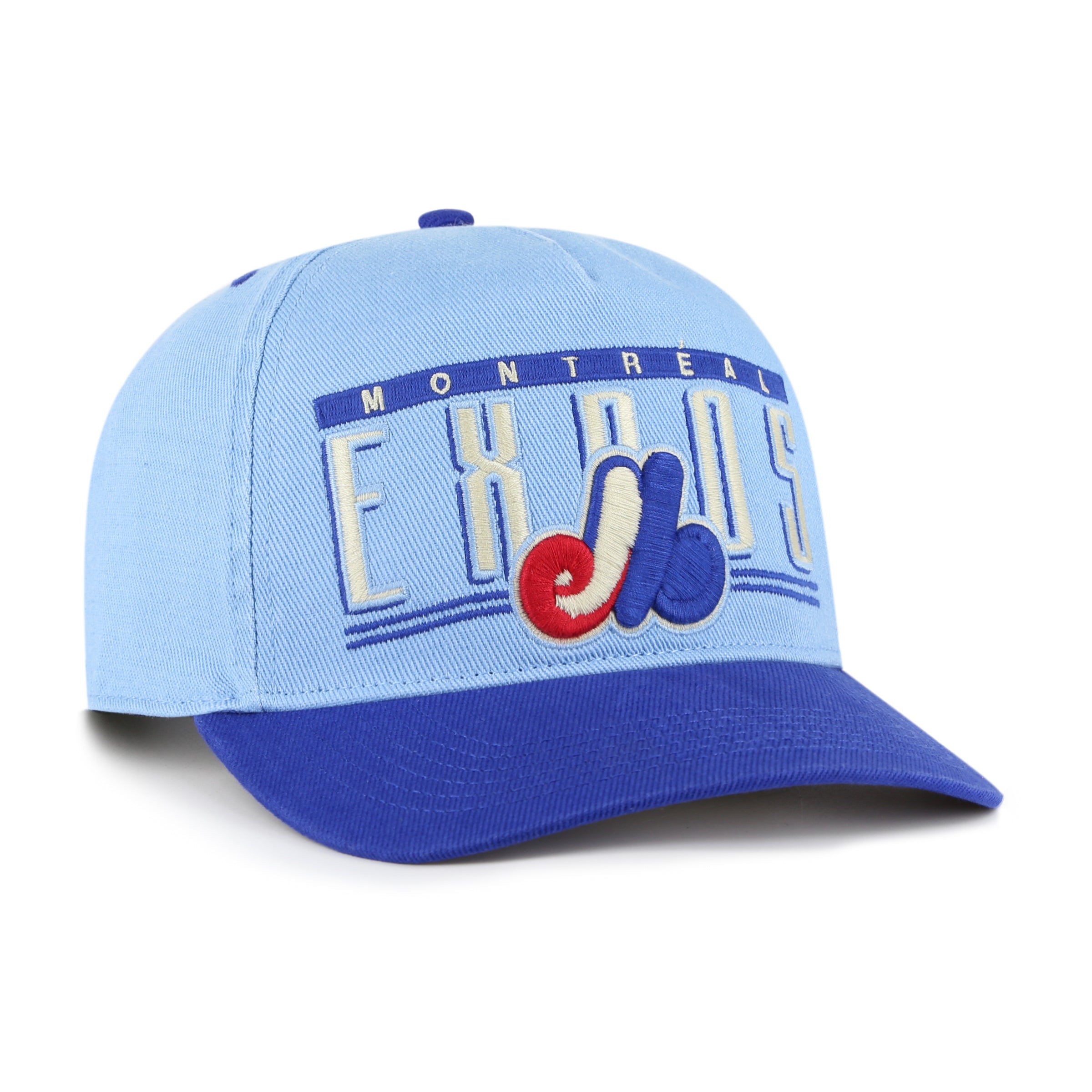 Casquette Snapback Double Header Baseline Hitch bleu clair pour homme des Expos de Montréal MLB 47 Brand