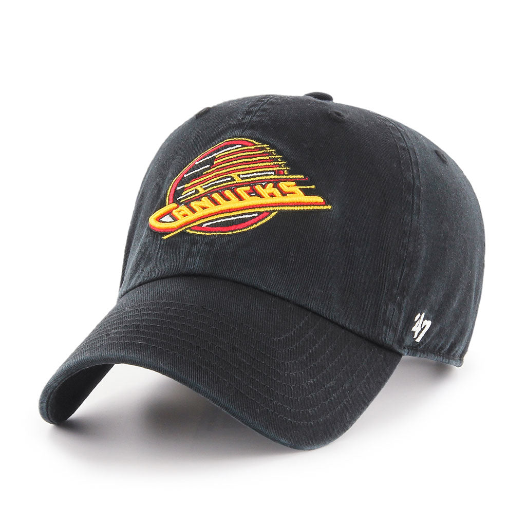 Vancouver Canucks NHL 47 Brand Men's Black Vintage 1985 Logo Clean Up Adjustable Hat