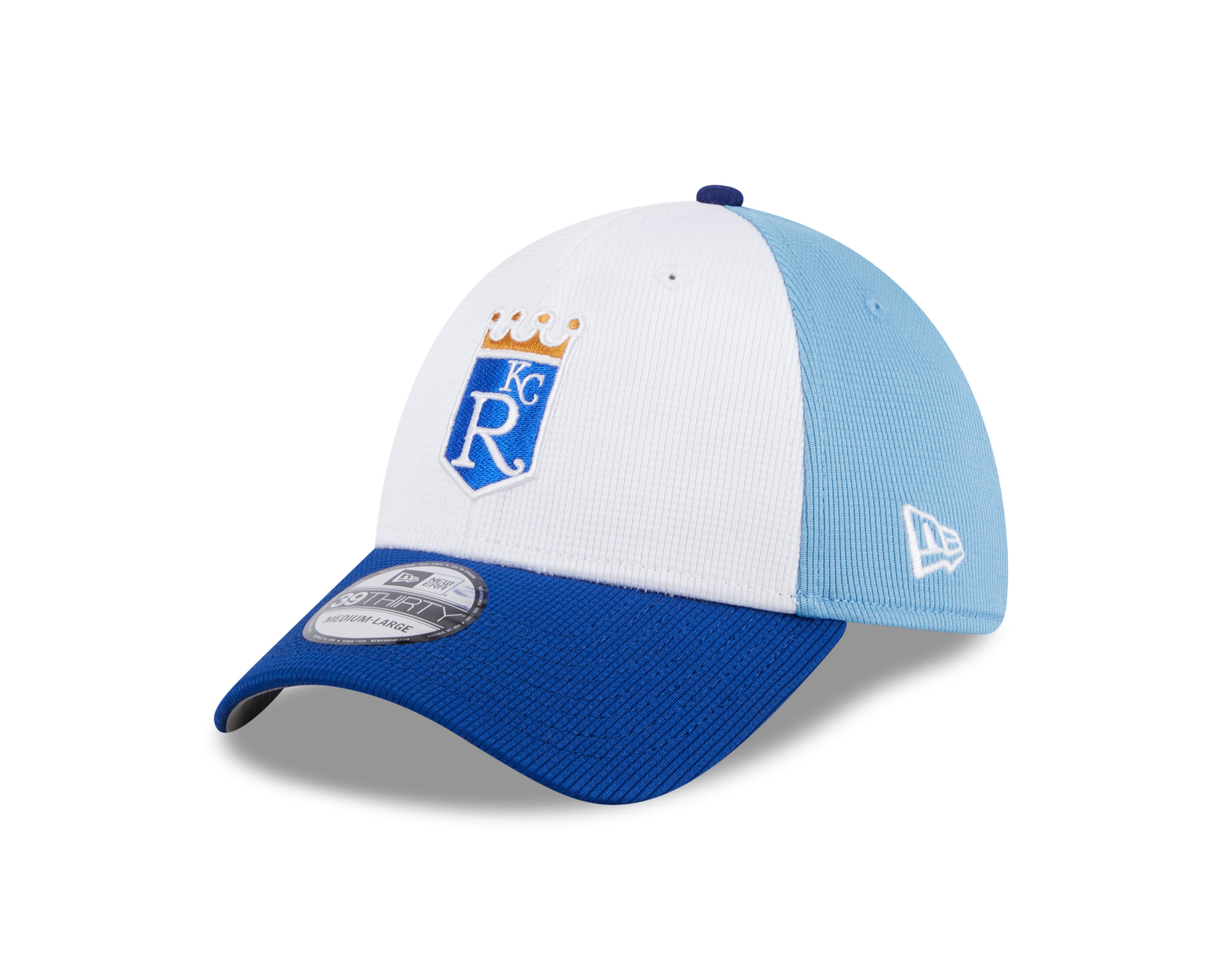 Kansas City Royals MLB New Era Men's White/Light Blue 39Thirty 2024 Batting Practice Stretch Fit Hat