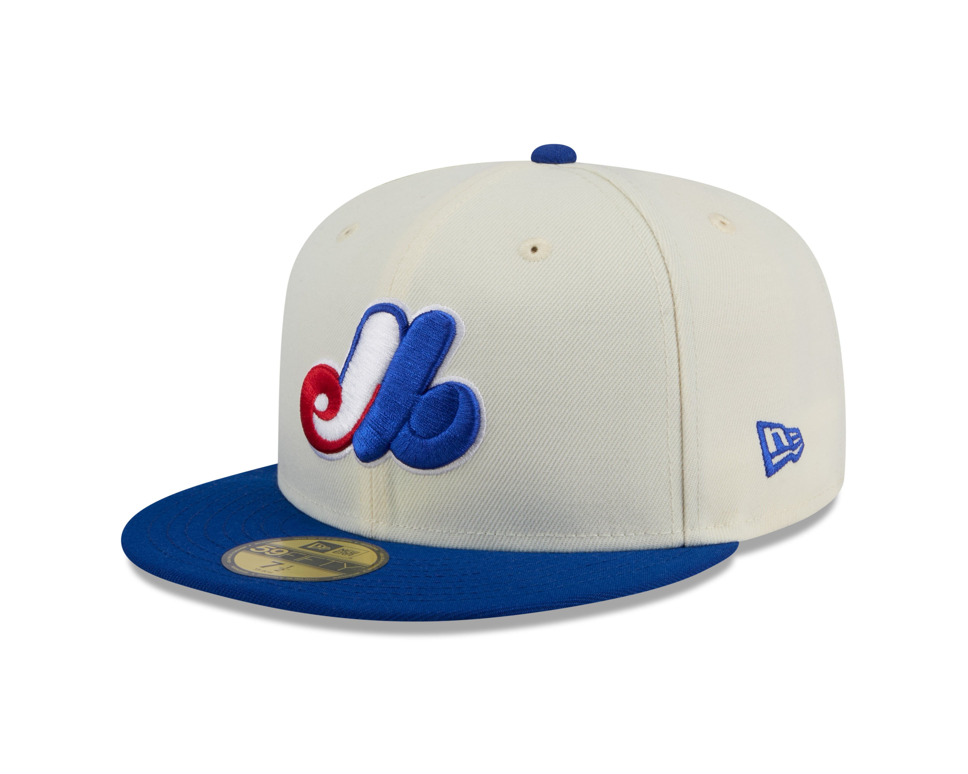 Montreal Expos MLB New Era Men's Off-White/Royal-Blue 59Fifty 2024 Evergreen Fitted Hat