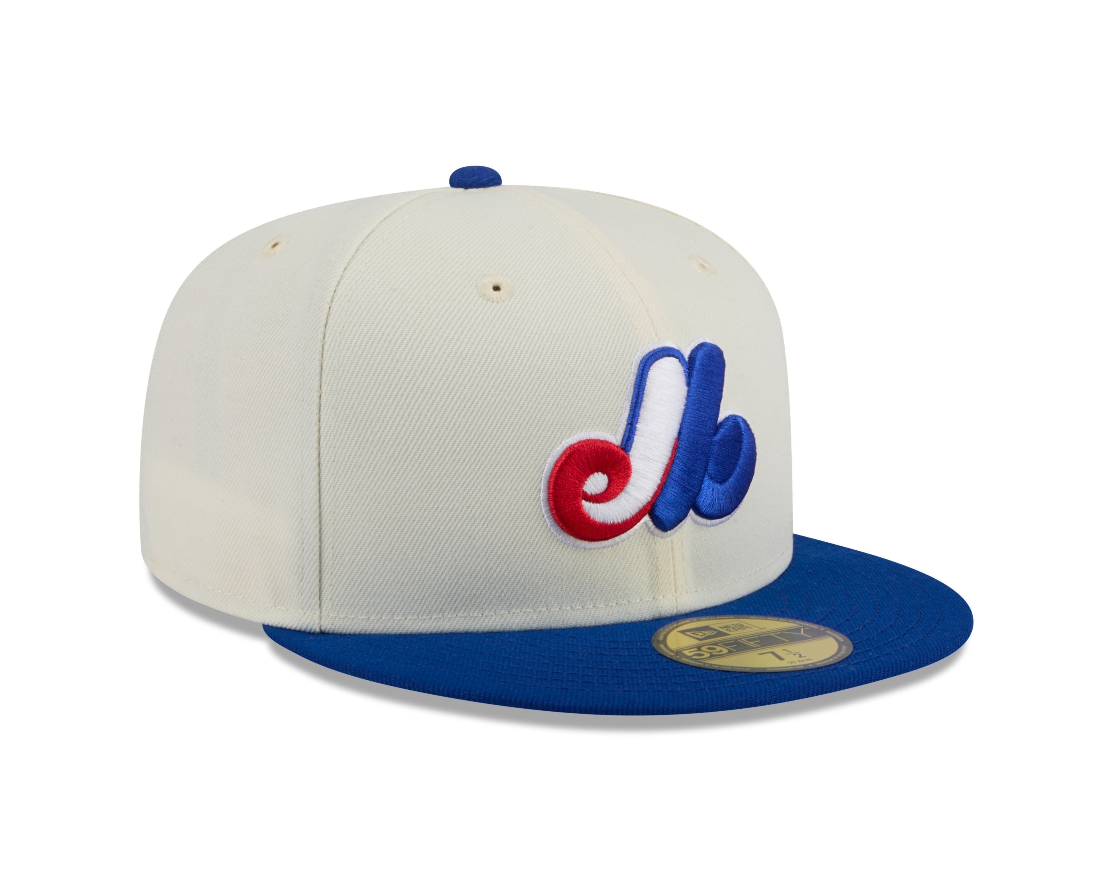 Montreal Expos MLB New Era Men's Off-White/Royal-Blue 59Fifty 2024 Evergreen Fitted Hat