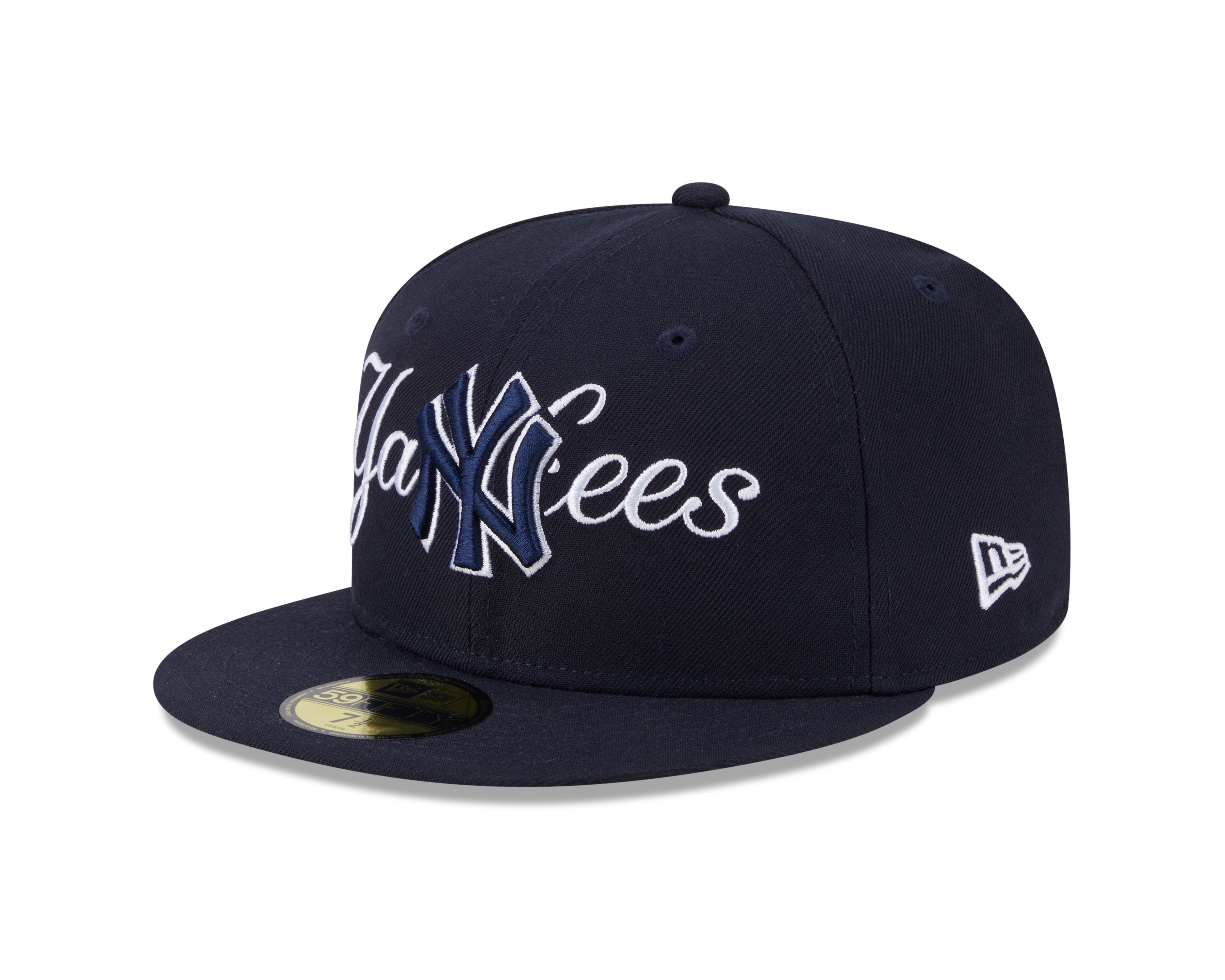 Casquette New Era 59Fifty Overlap Script ajustée pour homme, équipe des New York Yankees MLB, couleur bleu marine foncé.