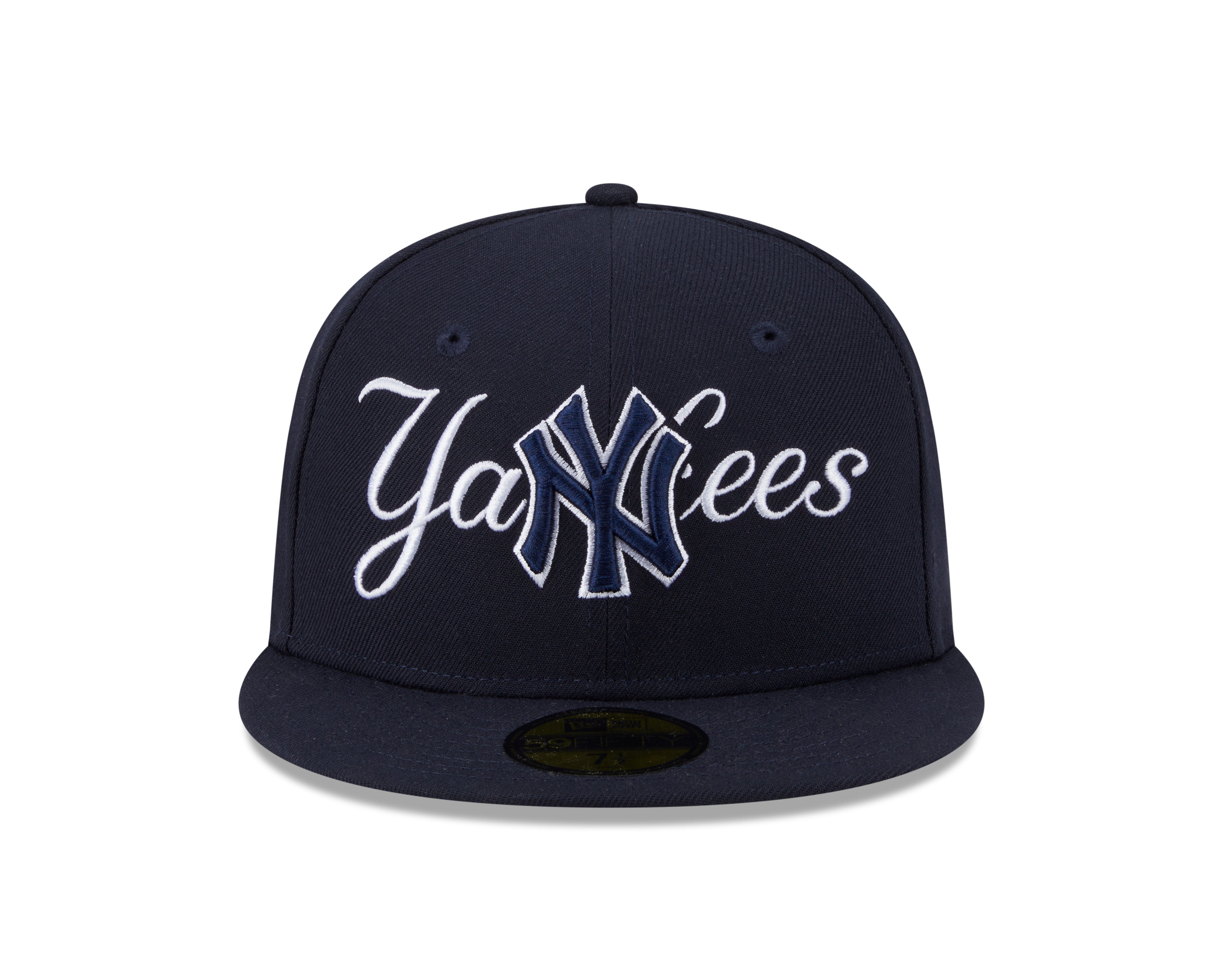 Casquette New Era 59Fifty Overlap Script ajustée pour homme, équipe des New York Yankees MLB, couleur bleu marine foncé.