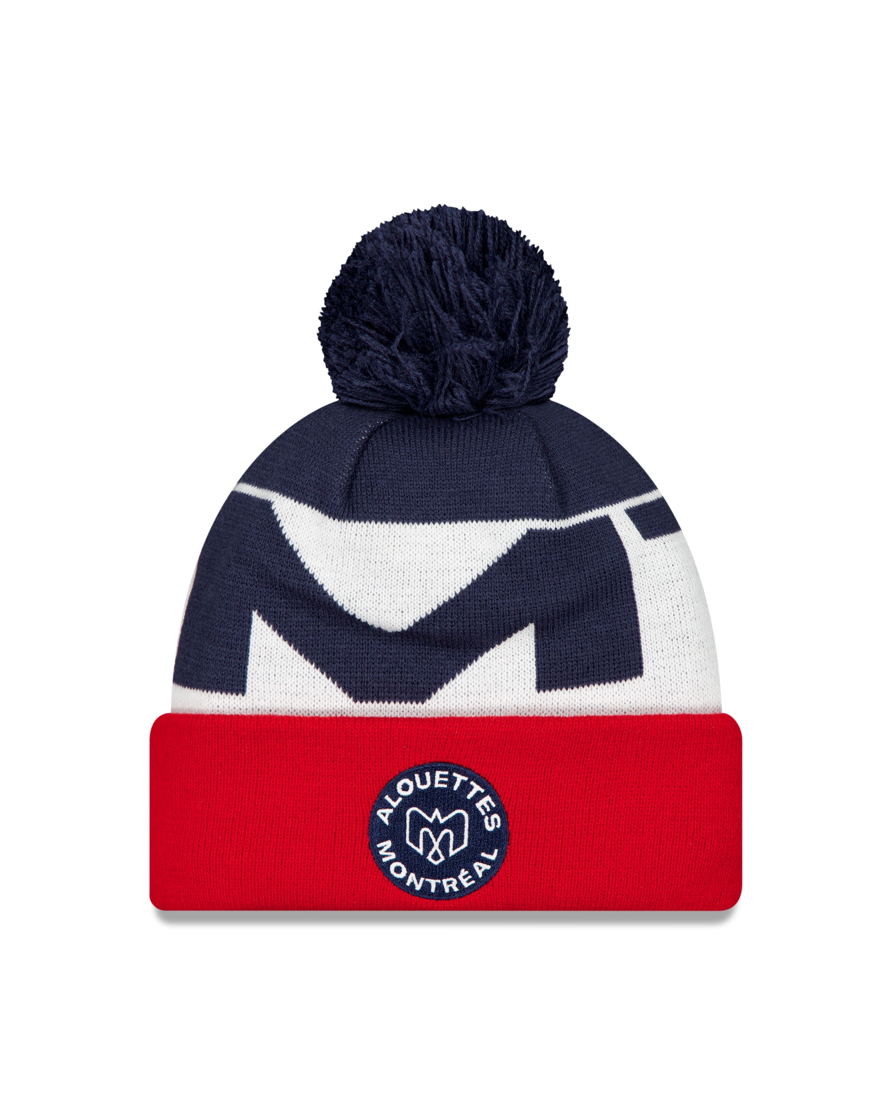 Montreal Alouettes CFL New Era Men's Navy/Red/White 2025 Sideline Cuff Pom Knit Hat
