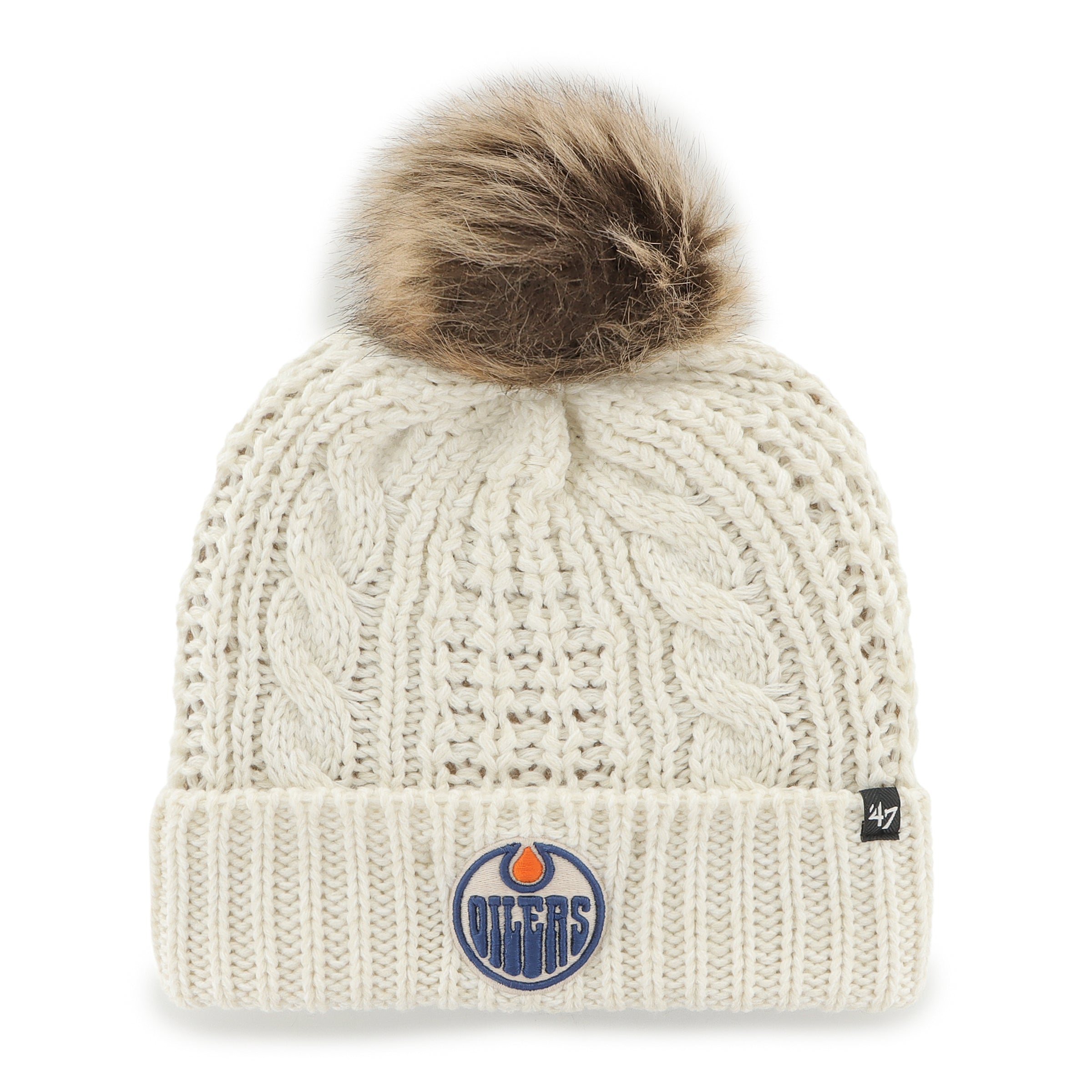 Edmonton Oilers NHL 47 Brand Women's Beige Meeko Cuff Pom Knit