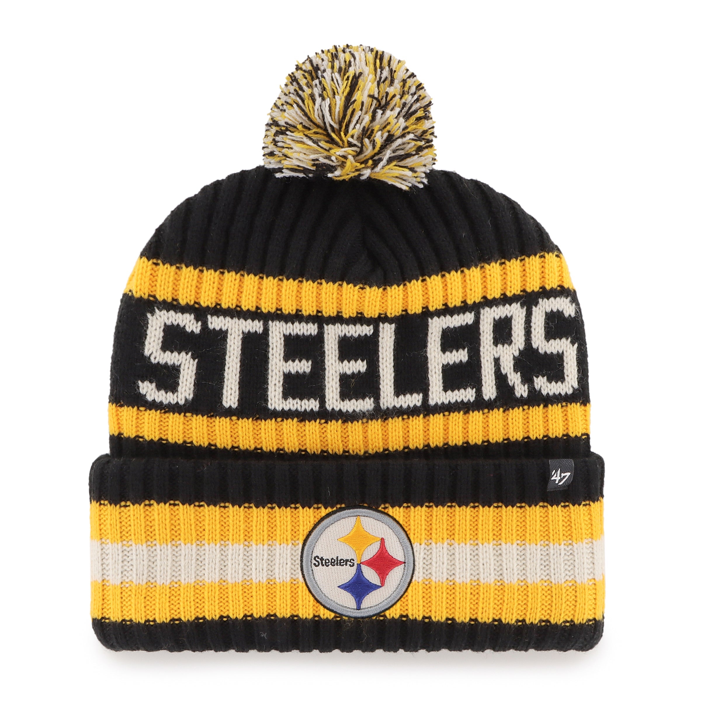 Pittsburgh Steelers NFL 47 Brand Men's Black/Yellow Bering Cuff Pom Knit