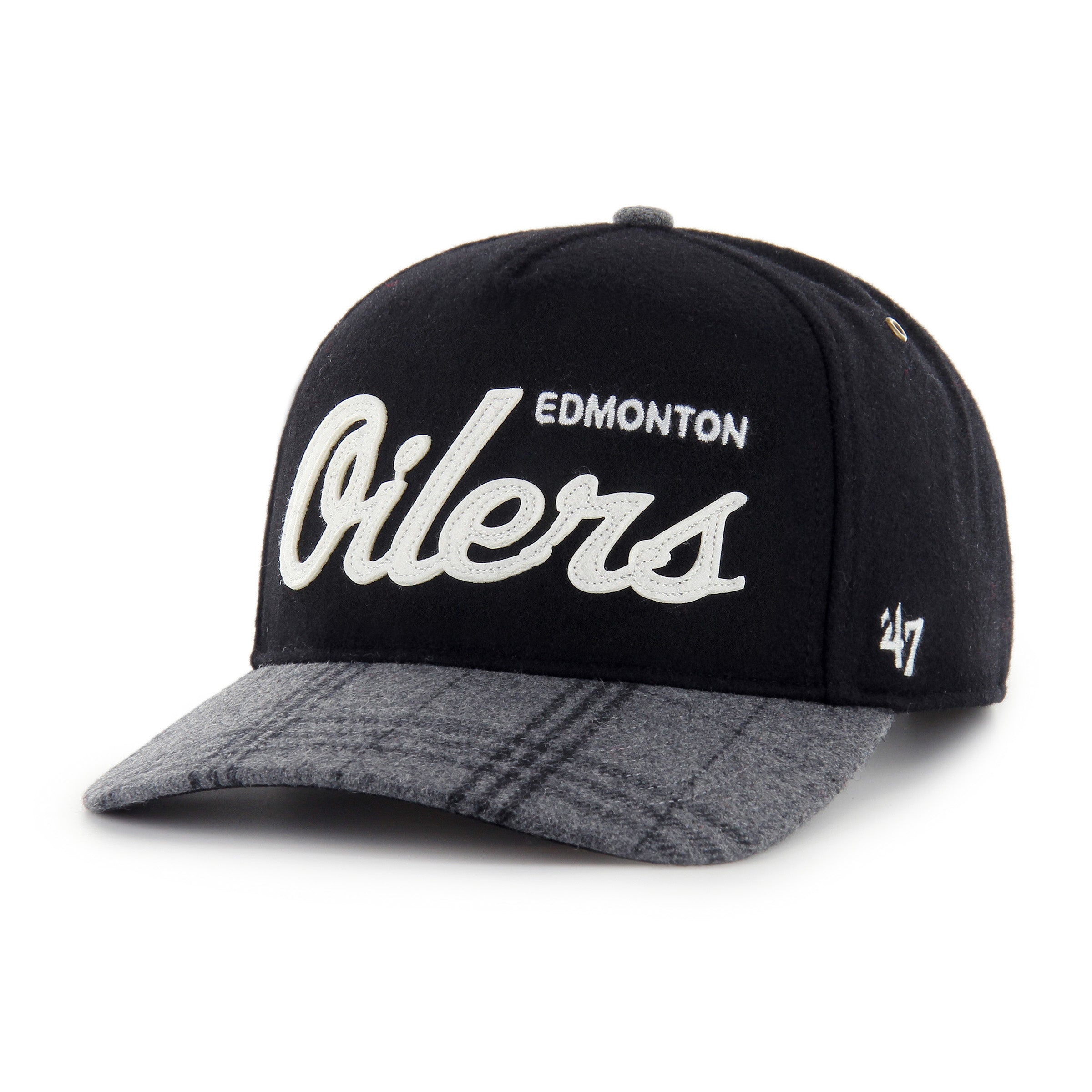 Edmonton Oilers NHL 47 Brand Men's Black Windowpane Plaid Hitch Snapback Hat