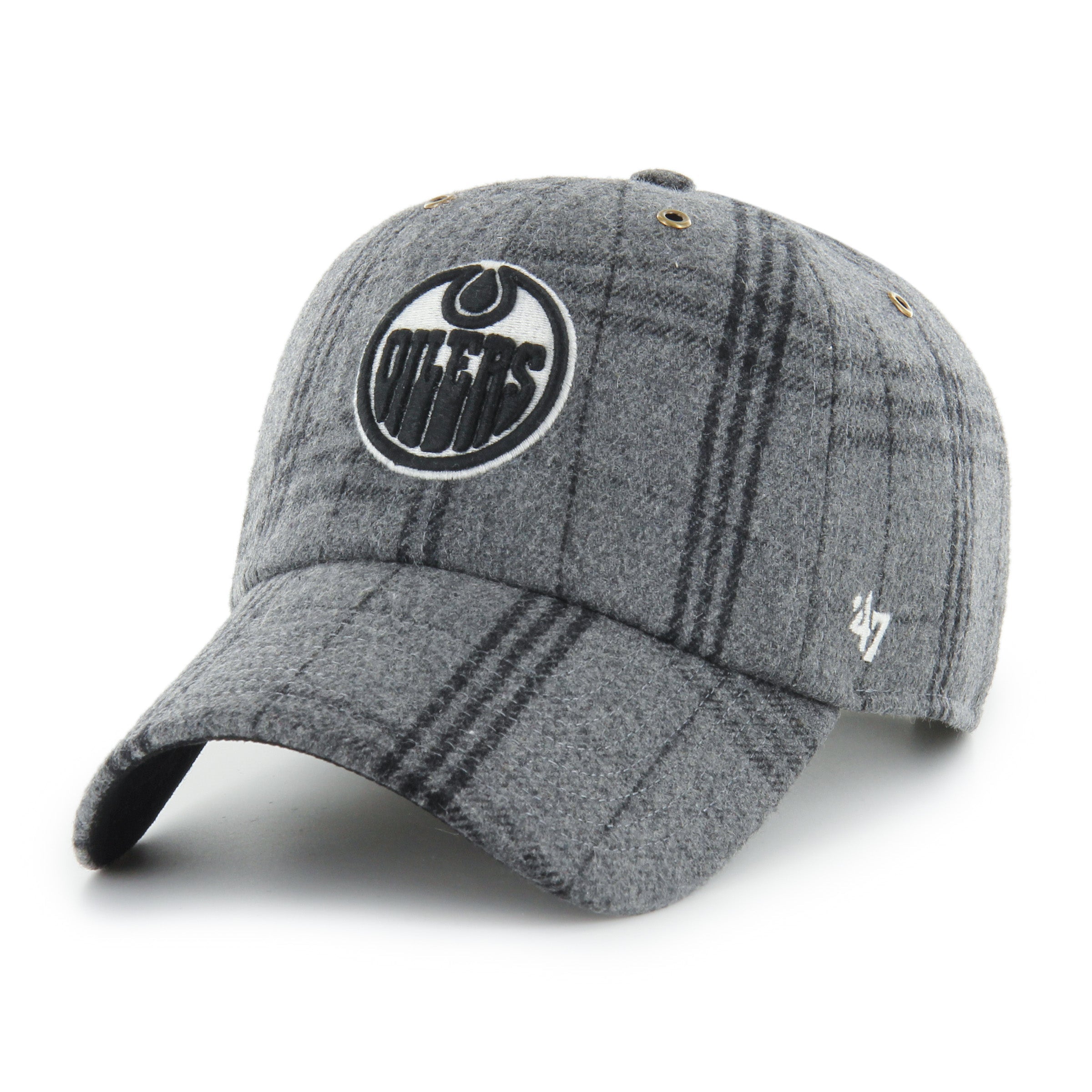 Edmonton Oilers NHL 47 Brand Men's Grey Black Plaid Windowpane Clean Up Adjustable Hat